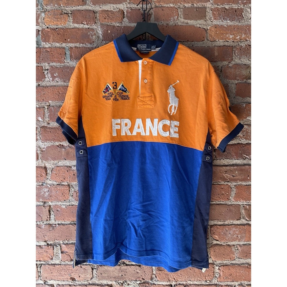 Vintage Ralph Lauren Polo Shirt Mens 2XL Orange Blue Big Pony France Patch 3